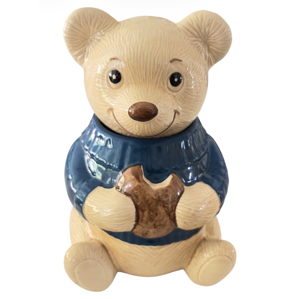 Vintage Teddy Bear Cookie Jar Blue Sweater Metlox Country Kitchen Decor 11"